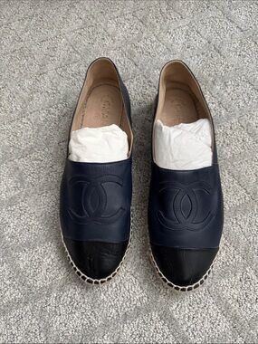 CHANEL Navy Leather Espadrilles with Black Cap Toe Size 41